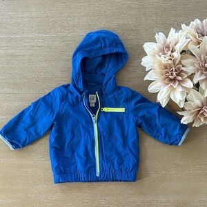 Blue Hooded Baby Jacket with Neon Accents